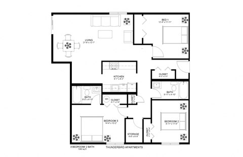 Thunderbird Apartments 3x2 Floor Plan